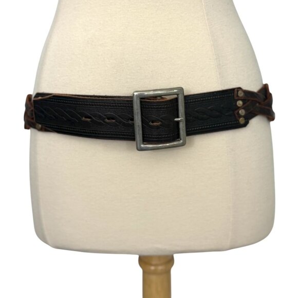 Hollywood Trading Co HTC Brown Leather Belt Studded Tooled Silver Buckle Size 34 - Picture 2 of 11